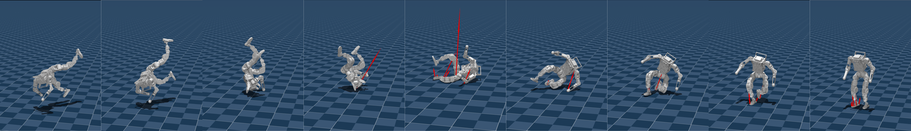 Simulation frames of the humanoid rolling through a fall and standing up, with contact forces shown in red