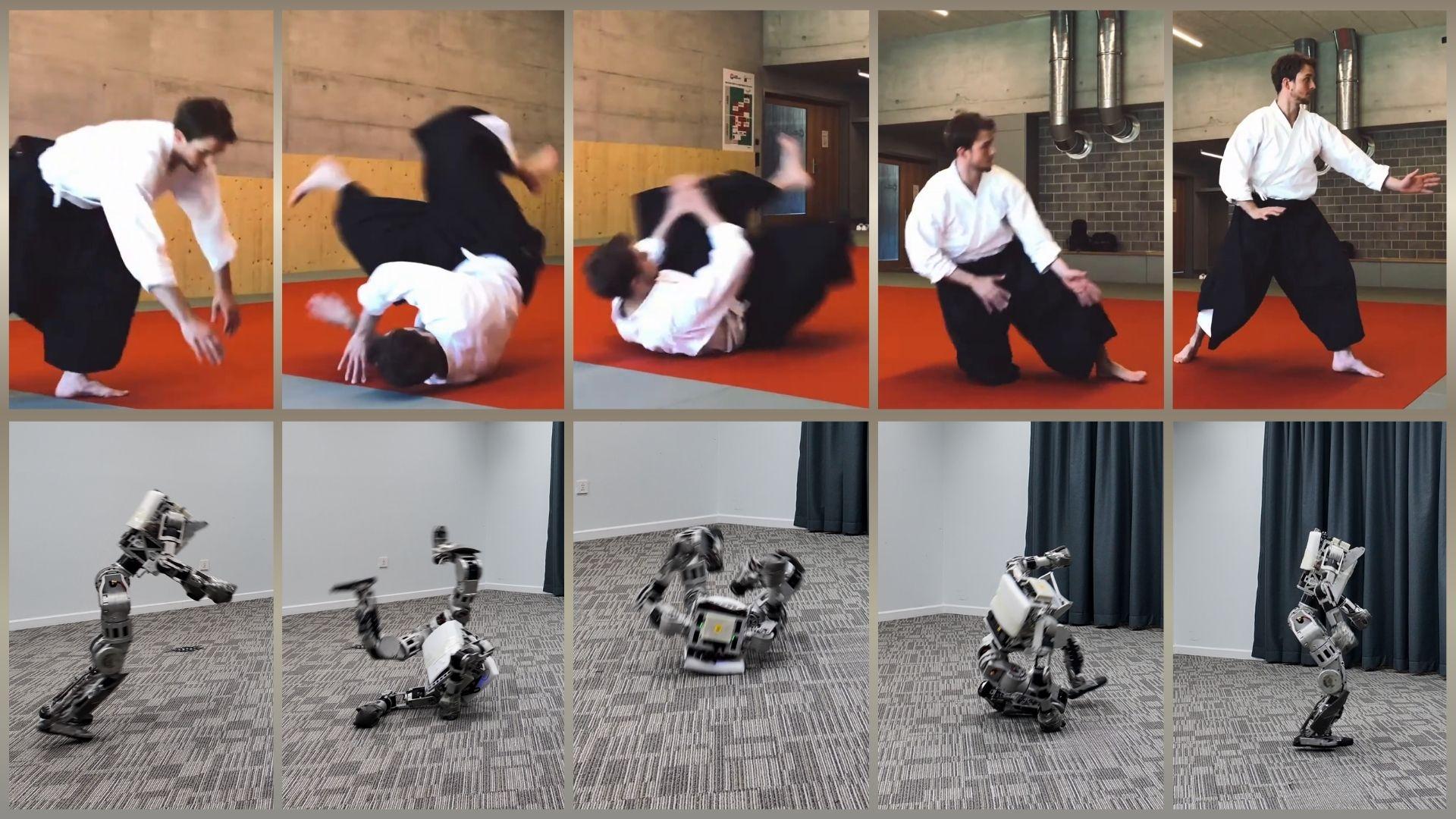 A person performing an aikido breakfall (top) and the humanoid performing a similar roll and recovery (bottom)
